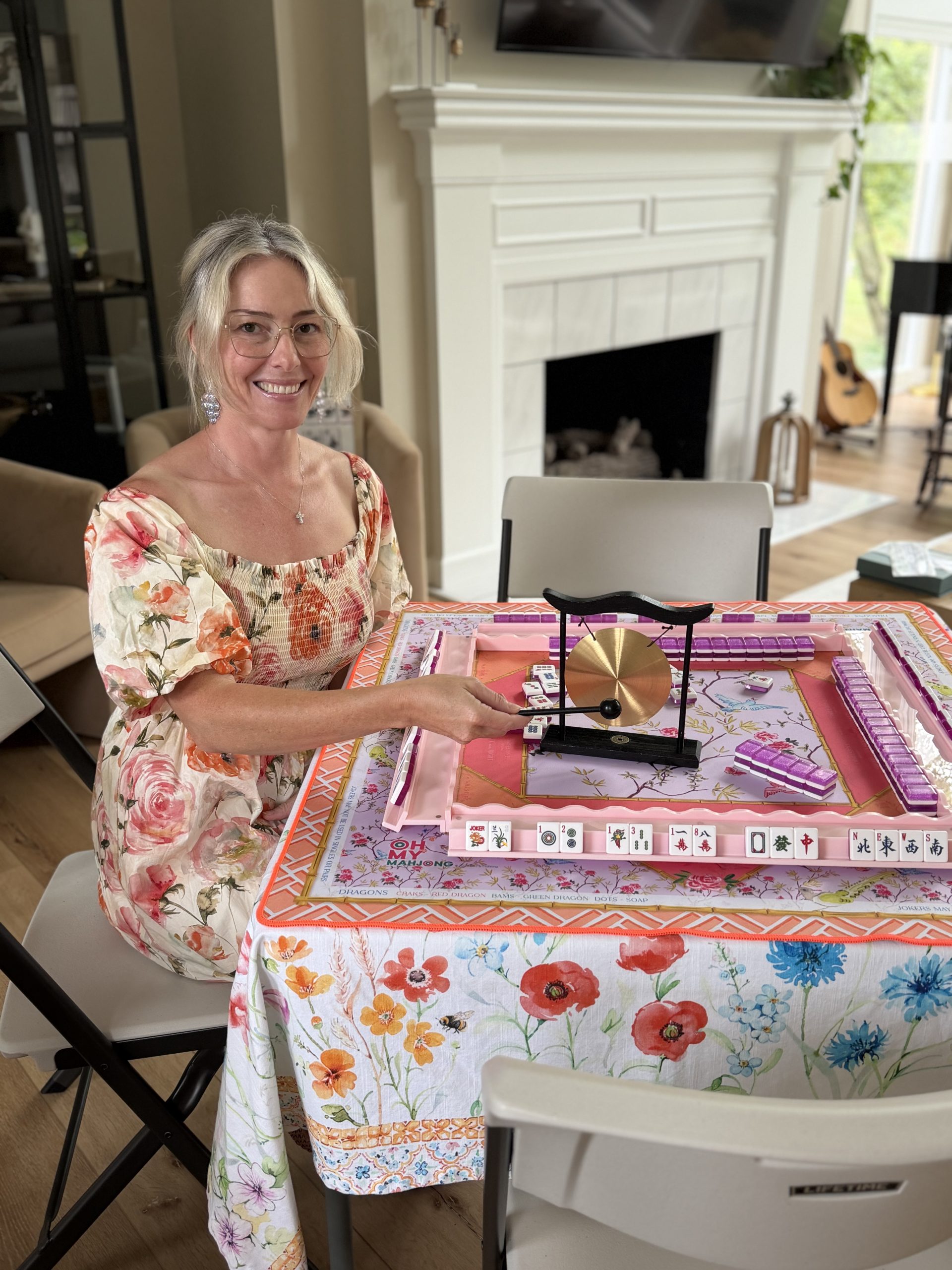 Julie with one of her custom mahjong tables